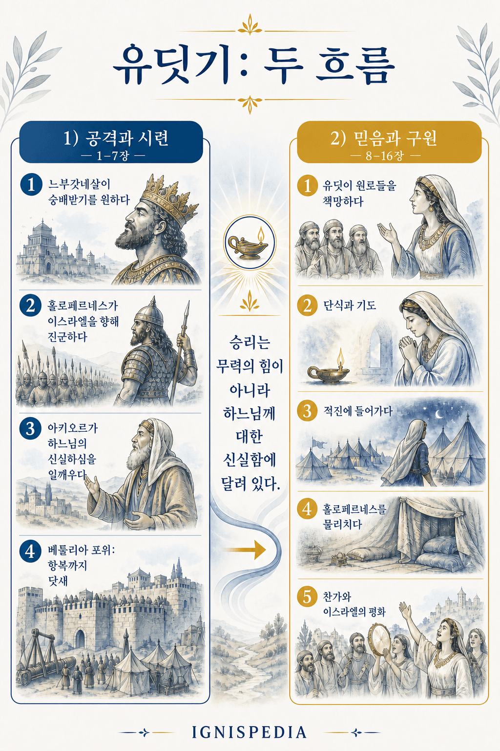 홀로페르네스의 공격부터 이스라엘 구원에 이르는 유딧서 두 부분의 인포그래픽