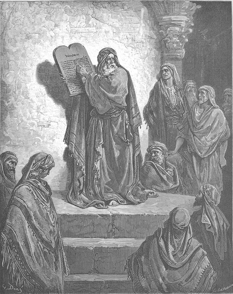 Ezra reading the Law to the people from a wooden platform, engraving by Gustave Doré