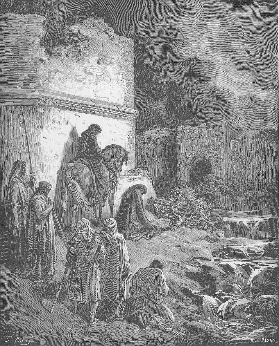 Nehemiah contemplating the ruined walls of Jerusalem at night, engraving by Gustave Doré