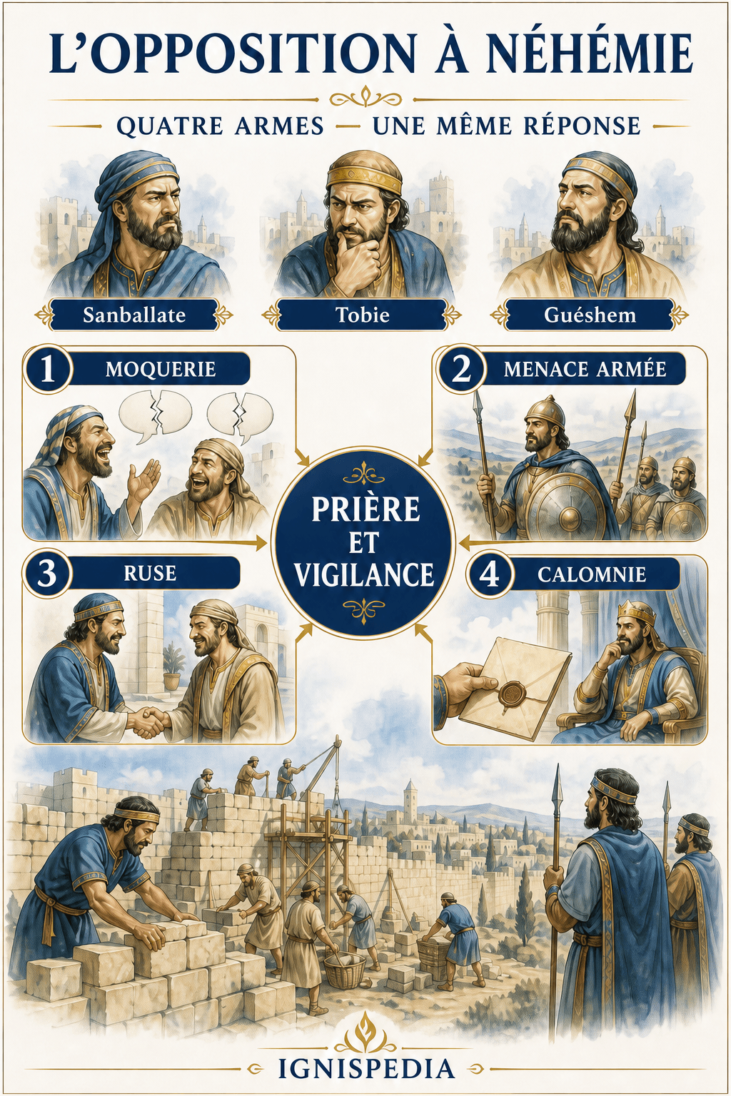 Infografia sobre as quatro formas de oposição enfrentadas por Neemias: escárnio, ameaça armada, astúcia e falsa negociação, calúnia junto do rei