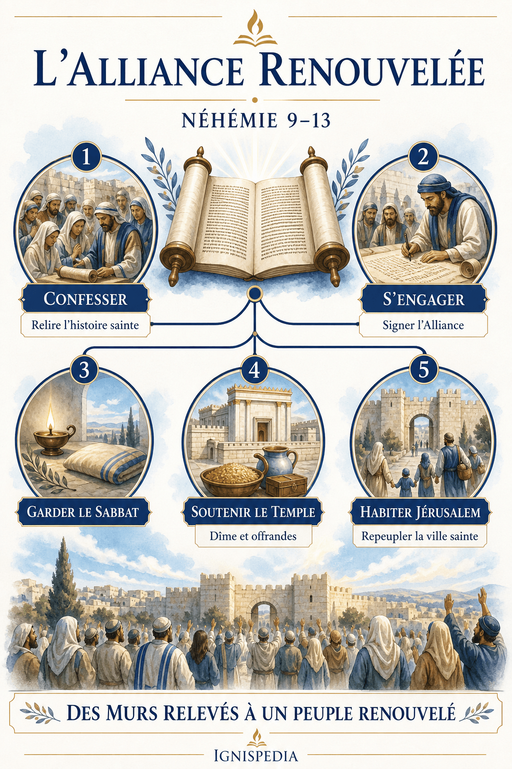 Infografia que resume os compromissos da Aliança renovada sob Neemias: recusa dos casamentos pagãos, respeito do sábado, dízimo e sustento do Templo, repovoamento de Jerusalém