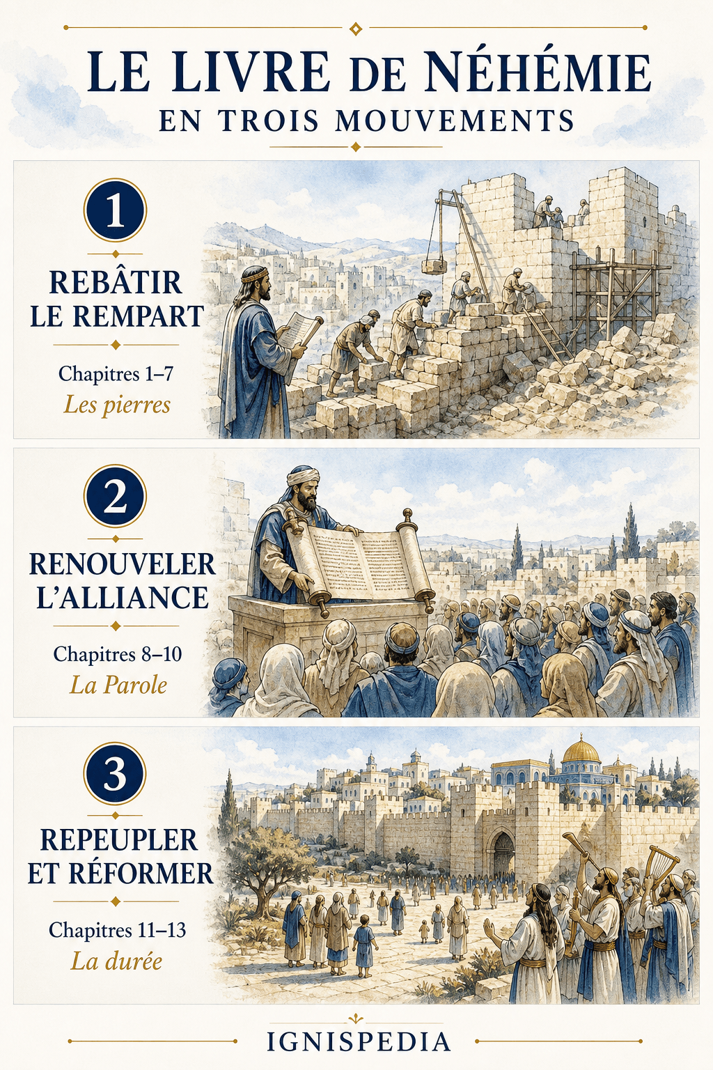 Infografia que apresenta a estrutura do livro de Neemias: a reconstrução dos muros (cap. 1-7), a leitura da Lei e a Aliança (cap. 8-10), o repovoamento e as reformas (cap. 11-13)