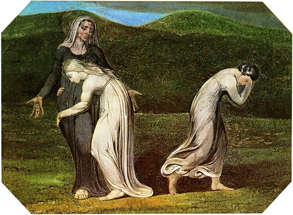 Noomi, die Rut und Orpa anfleht, nach Moab zurückzukehren, Aquarell von William Blake (1795)