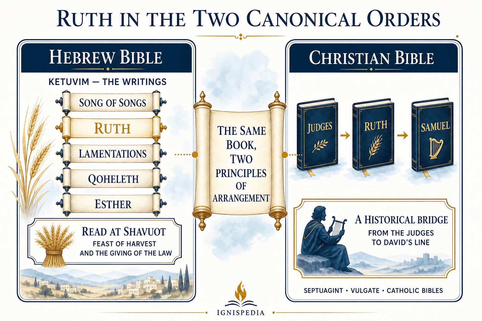 Infographic comparing the place of the book of Ruth in the Hebrew canon and in the Christian canon