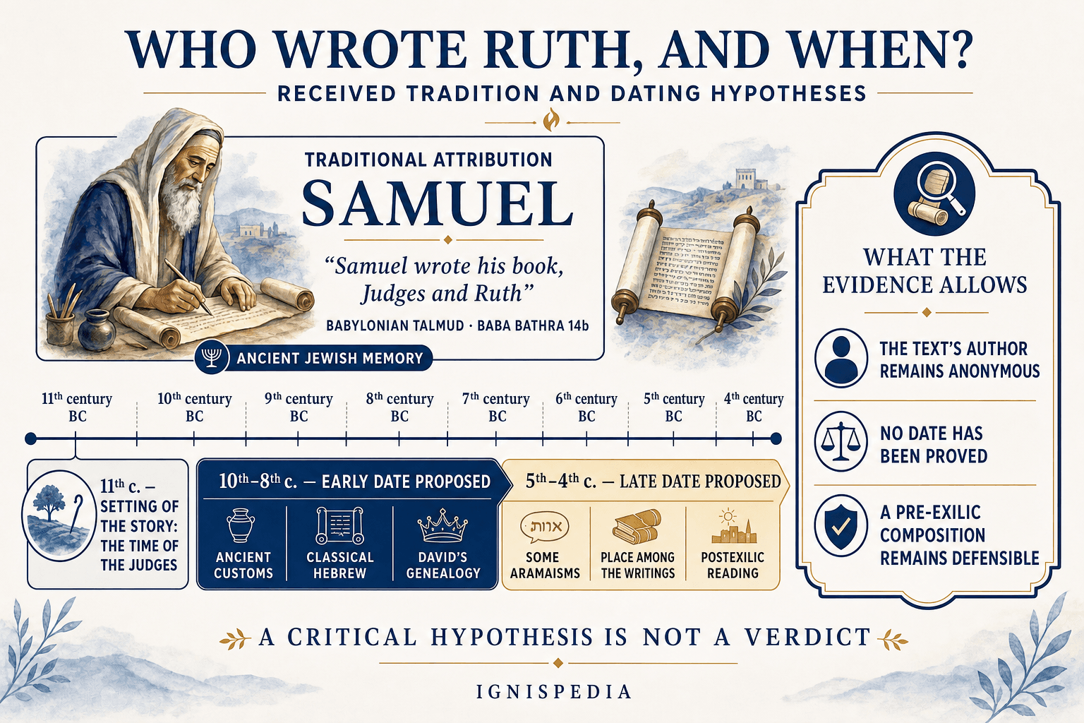 Infographic comparing the traditional attribution of the book of Ruth to Samuel and the main dating hypotheses