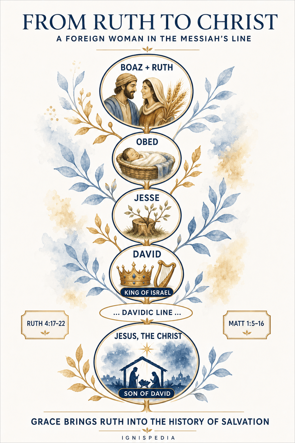 Genealogy infographic linking Boaz and Ruth to Obed, Jesse, David and Christ