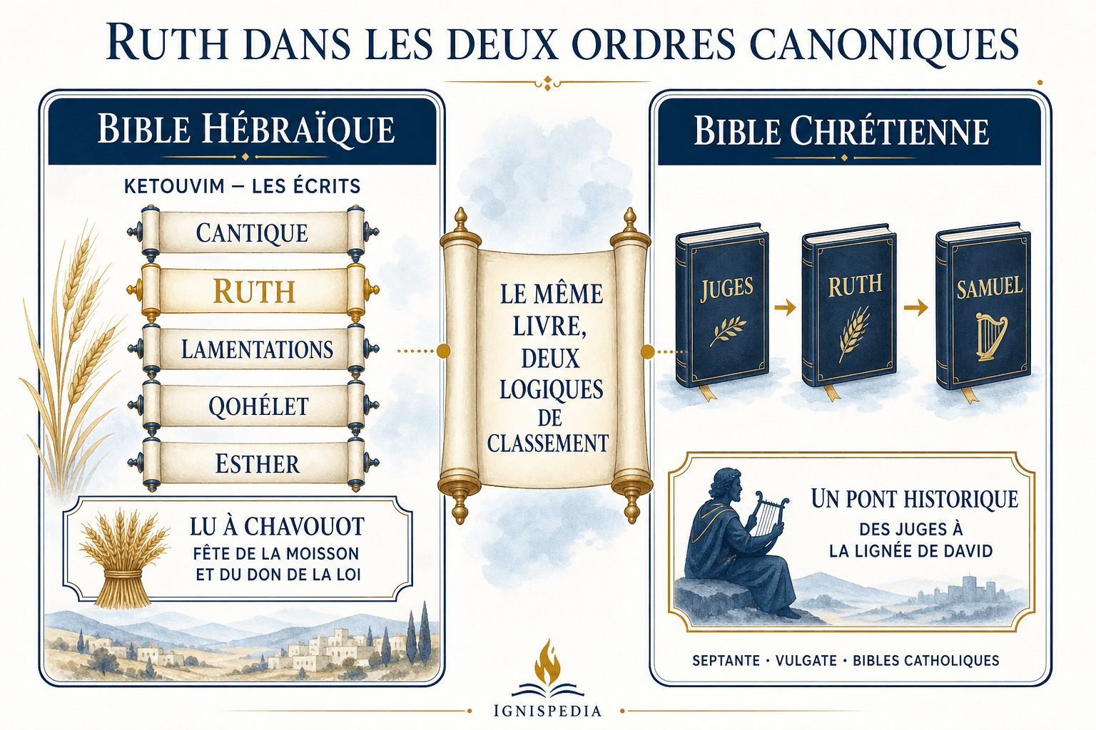 Infographie comparant la place du livre de Ruth dans le canon hébraïque et dans le canon chrétien