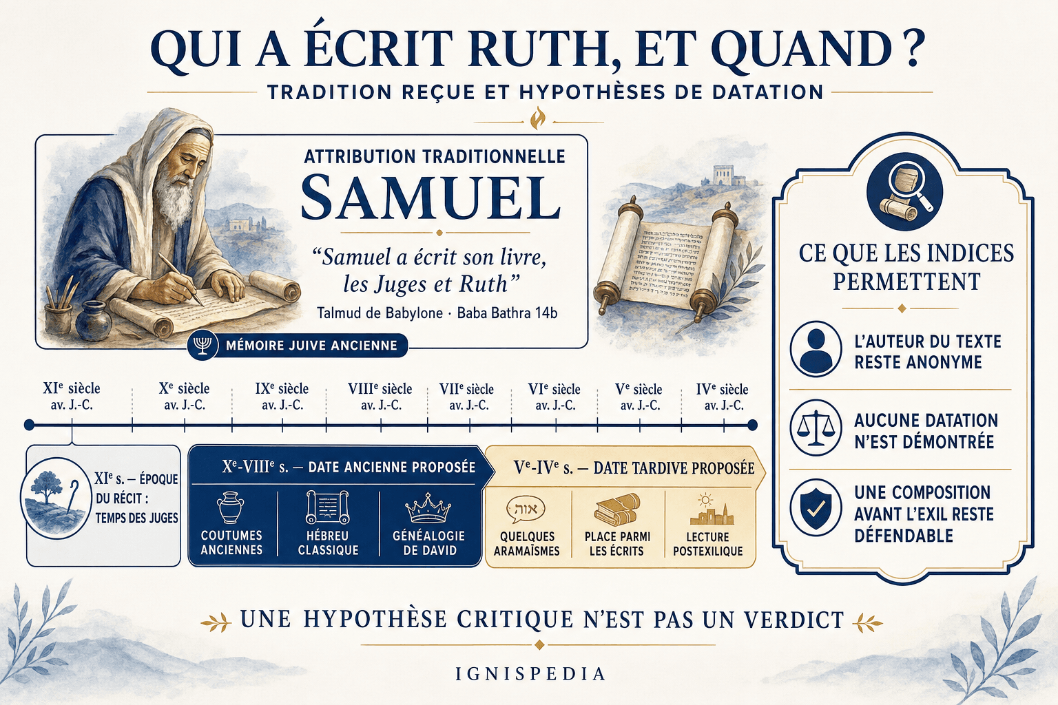 Infographie comparant l'attribution traditionnelle du livre de Ruth à Samuel et les principales hypothèses de datation