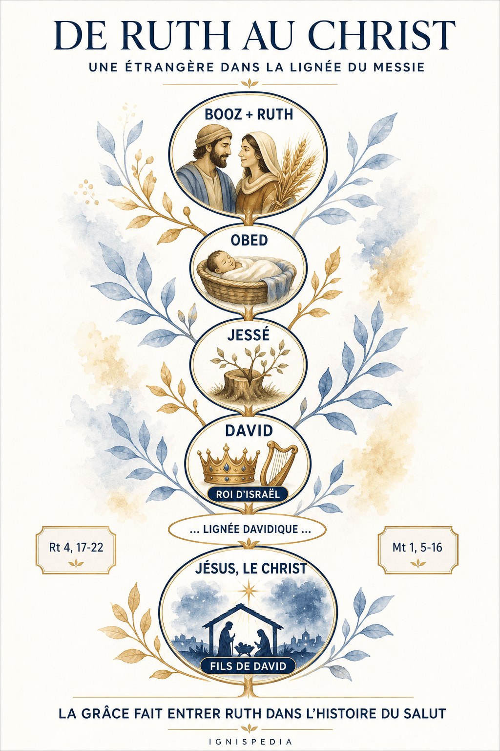 Infographie de la généalogie reliant Booz et Ruth à Obed, Jessé, David et au Christ