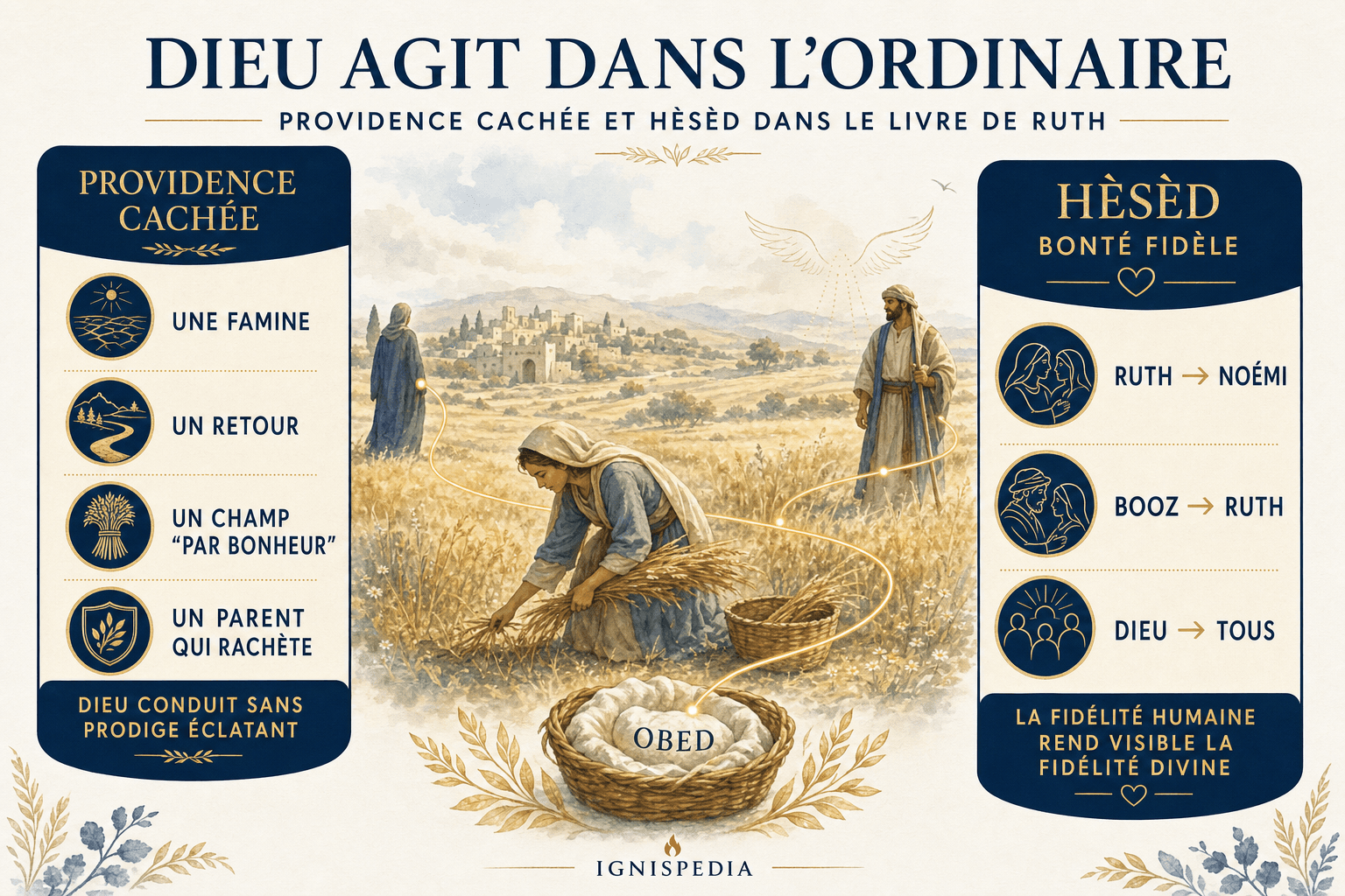 Infographie illustrant les deux clés théologiques du livre de Ruth : la providence cachée et le hèsèd