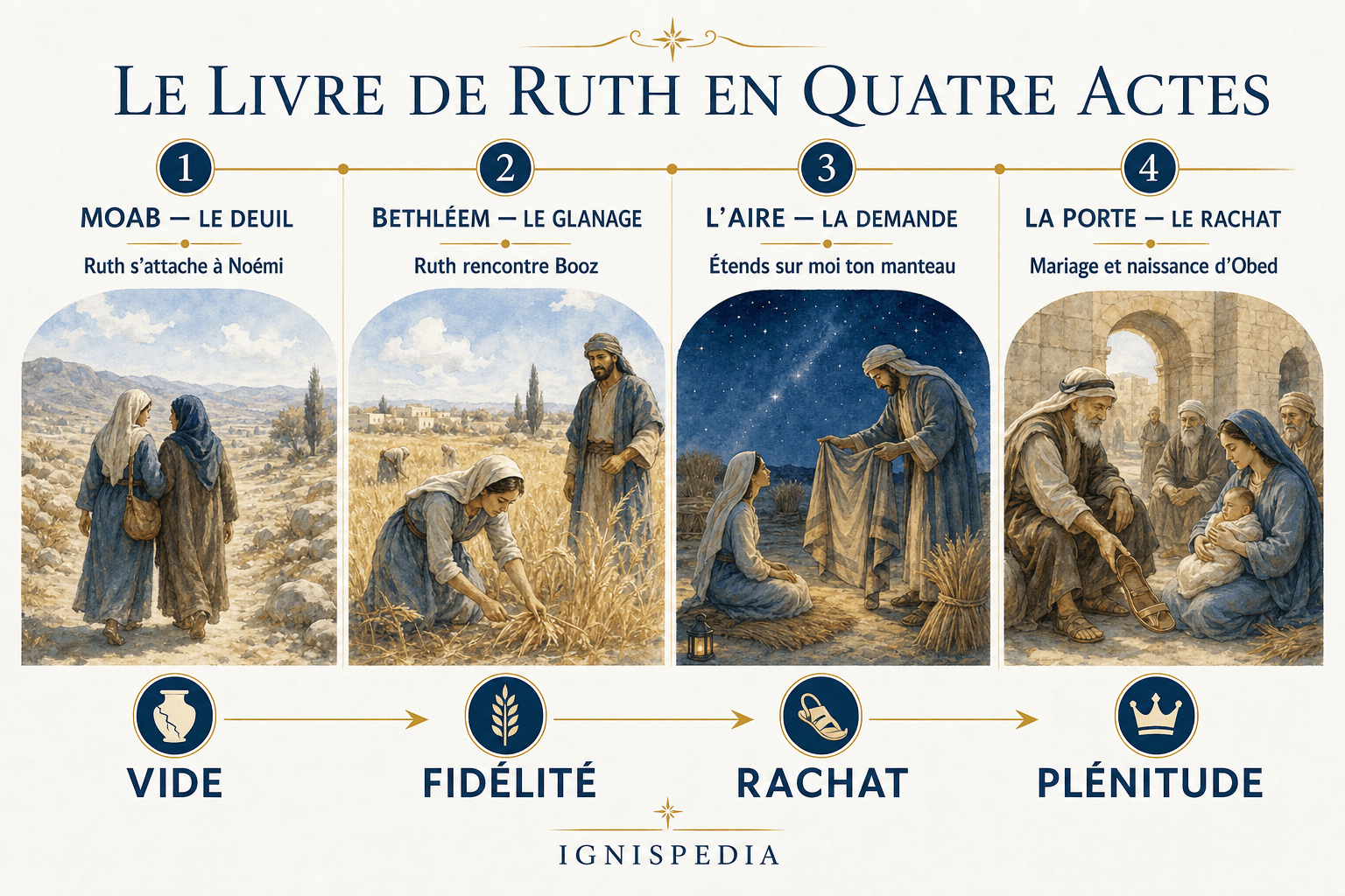 Infographie présentant les quatre actes du livre de Ruth : le deuil, le glanage, l'aire, la porte de la ville