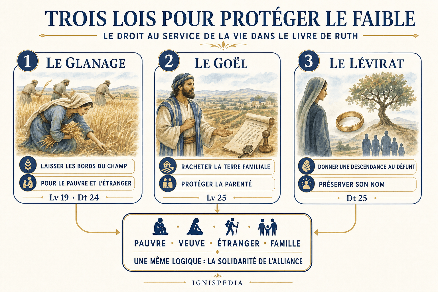 Infographie présentant les trois institutions au cœur du livre de Ruth : glanage, droit de rachat (goël), lévirat