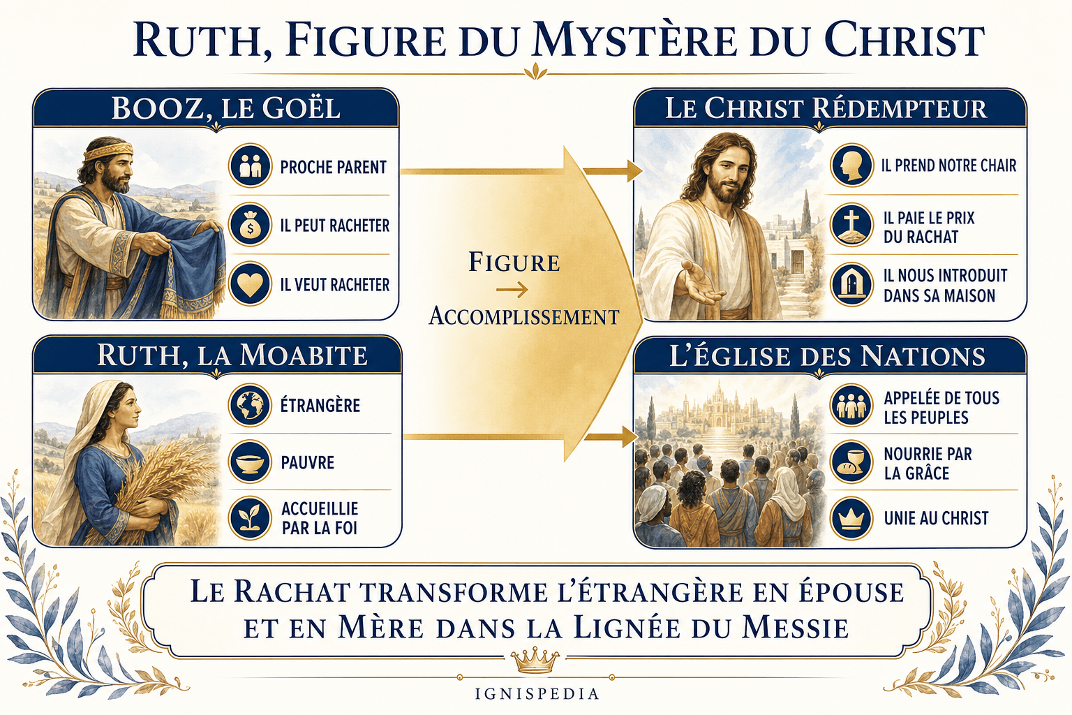 Infographie de la lecture typologique du livre de Ruth : Booz figure du Christ, Ruth figure de l'Église des nations