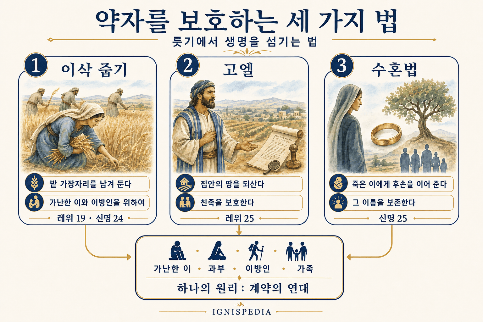 룻기에서 중심이 되는 세 가지 제도—이삭줍기, 되찾기(고엘), 레위라트 제도—를 보여주는 인포그래픽
