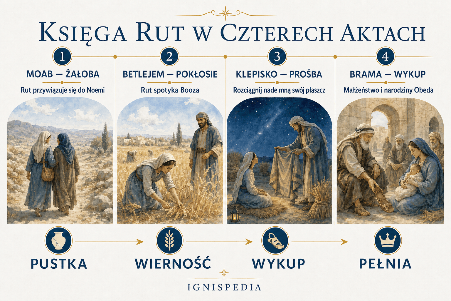 Infografika przedstawiająca cztery akty Księgi Rut: żałoba, zbieranie kłosów, klepisko, brama miasta
