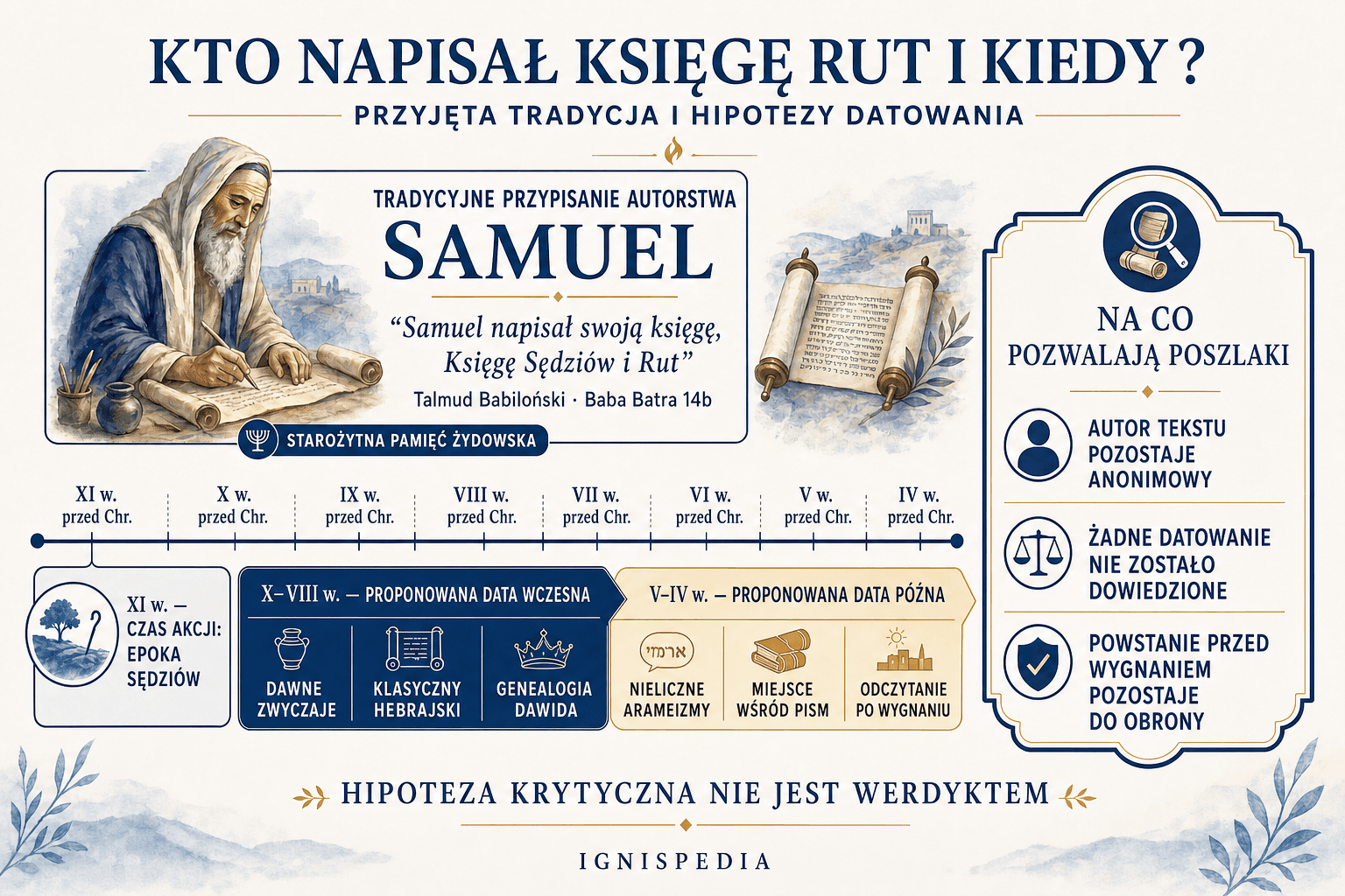 Infografika porównująca tradycyjne przypisanie Księgi Rut Samuelowi oraz główne hipotezy dotyczące datowania