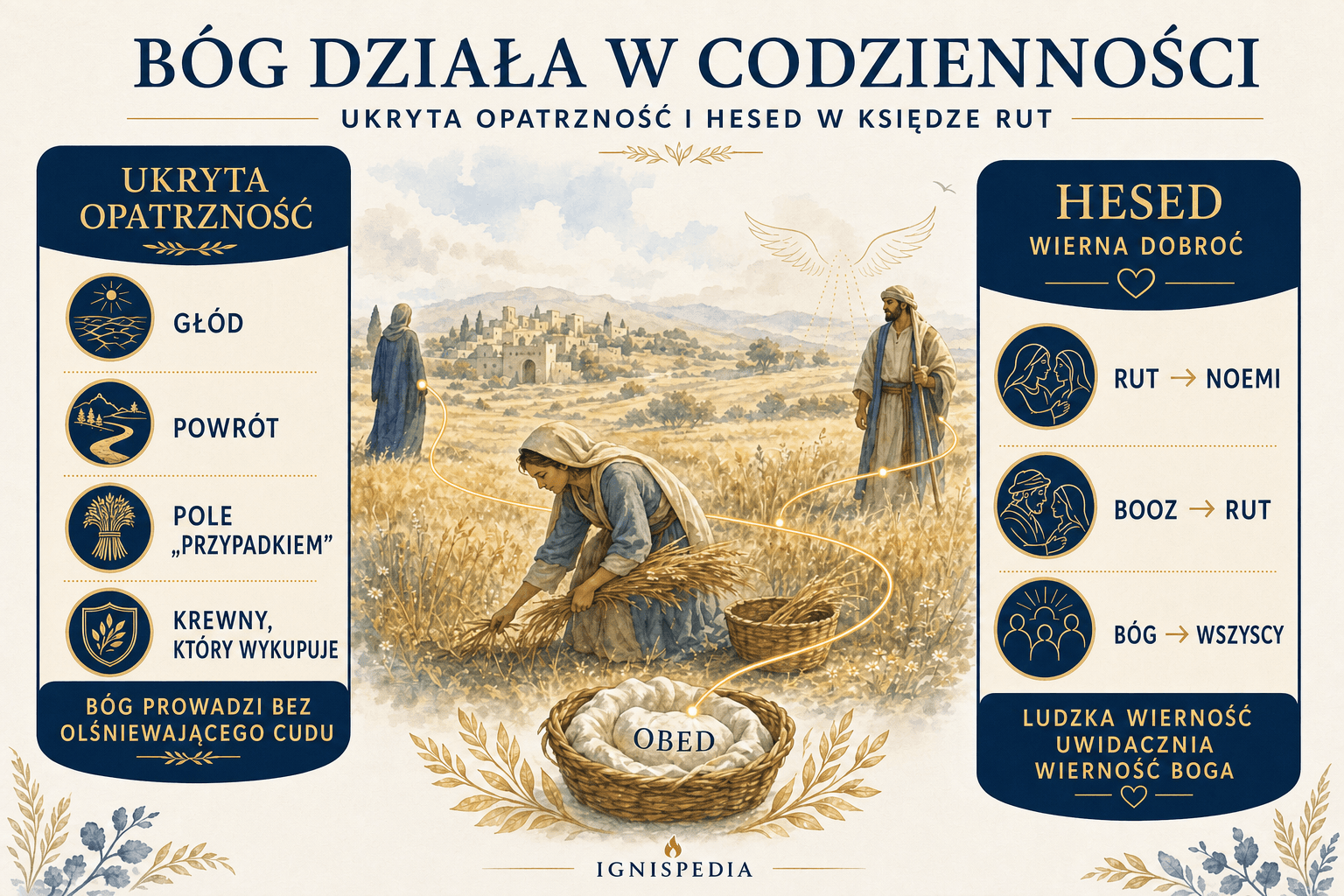 Infografika ilustrująca dwa kluczowe aspekty teologiczne Księgi Rut: ukrytą opatrzność i hèsèd