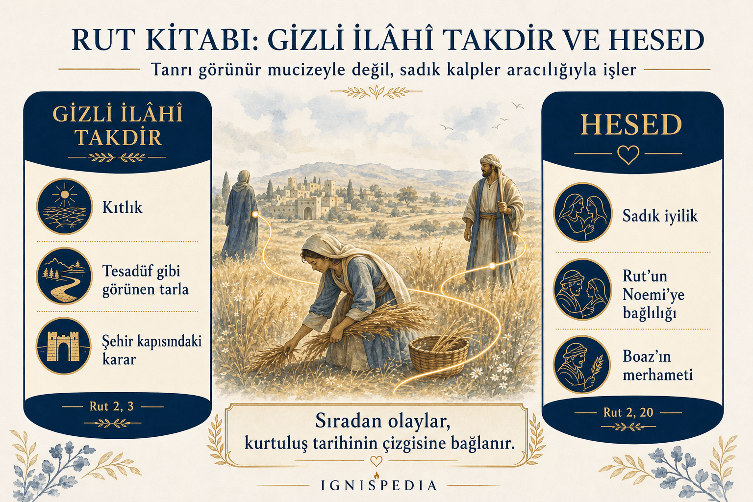 Rut Kitabının iki anahtar teolojik temasını gösteren infografik: gizli takdir ve hèsèd