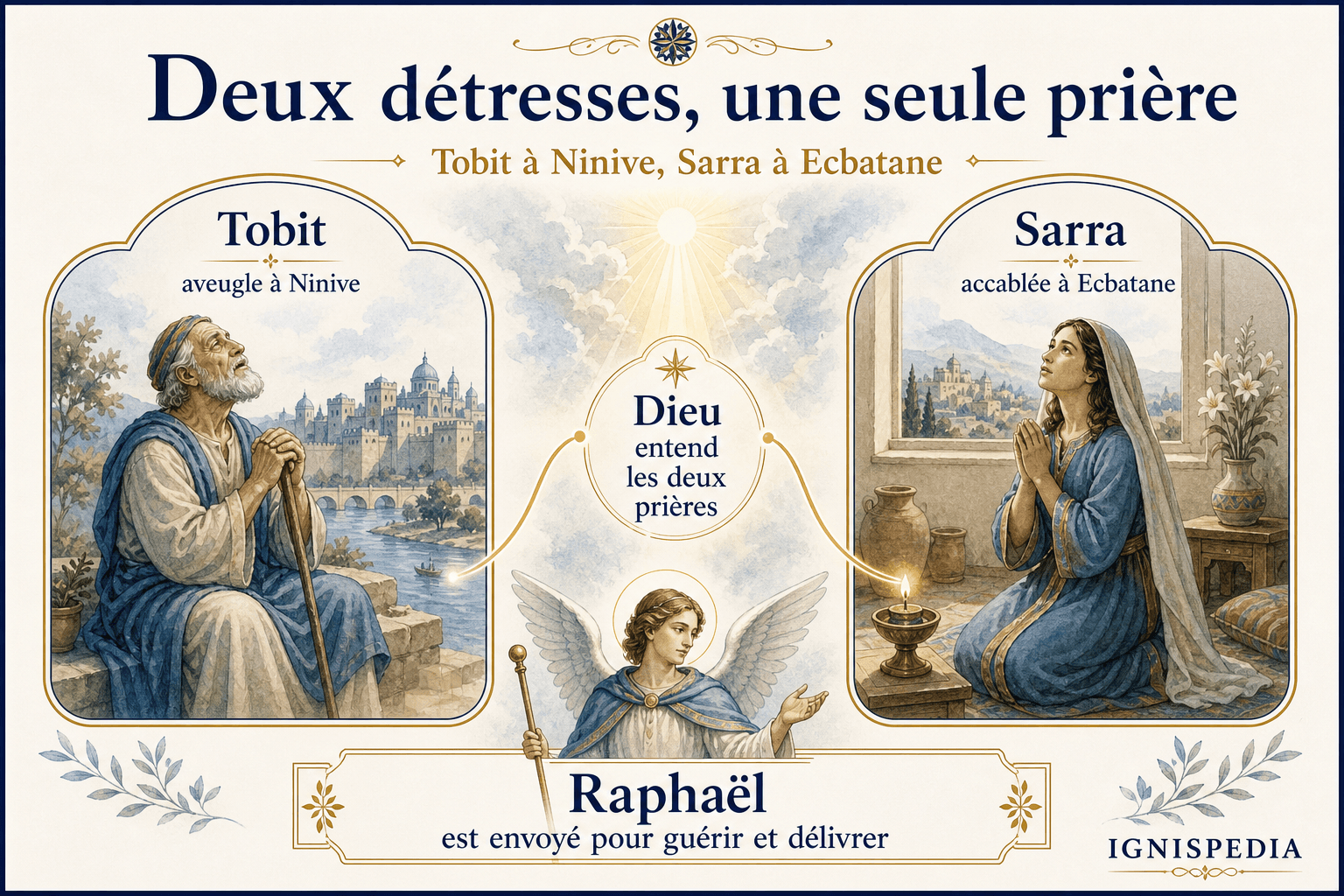 Infographie sur les deux prières simultanées de Tobit à Ninive et de Sarra à Ecbatane dans le livre de Tobie