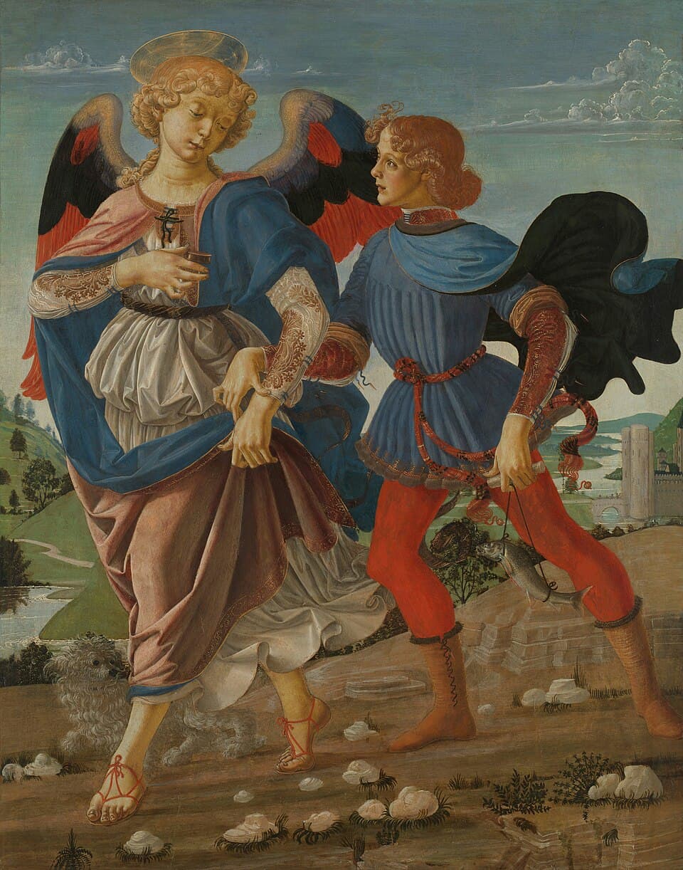 Le jeune Tobie marchant avec l'archange Raphaël et le chien, au bord du Tigre