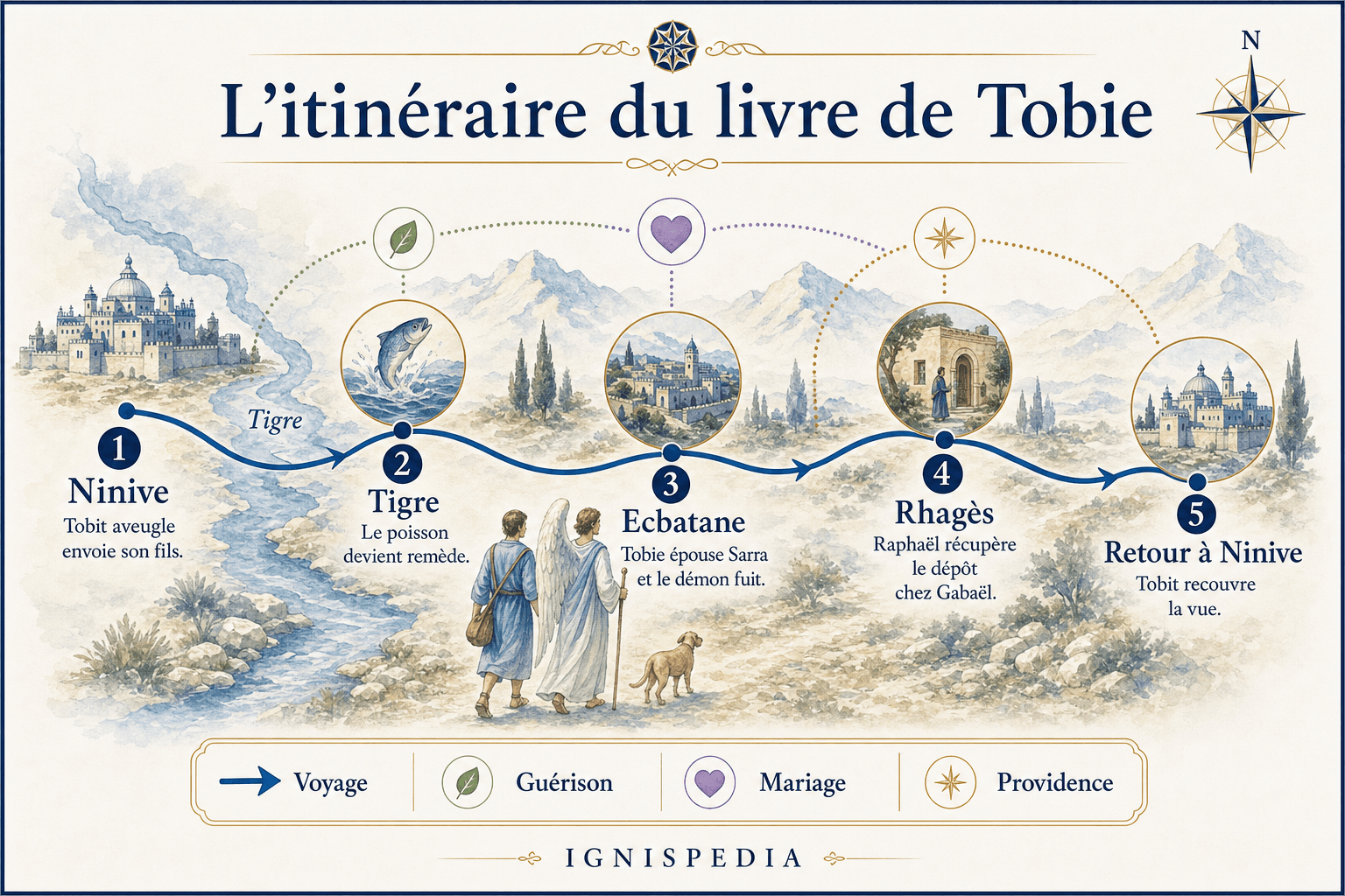 Carte du voyage de Tobie : de Ninive en Assyrie jusqu'à Ecbatane et Rhagès en Médie, guidé par l'ange Raphaël