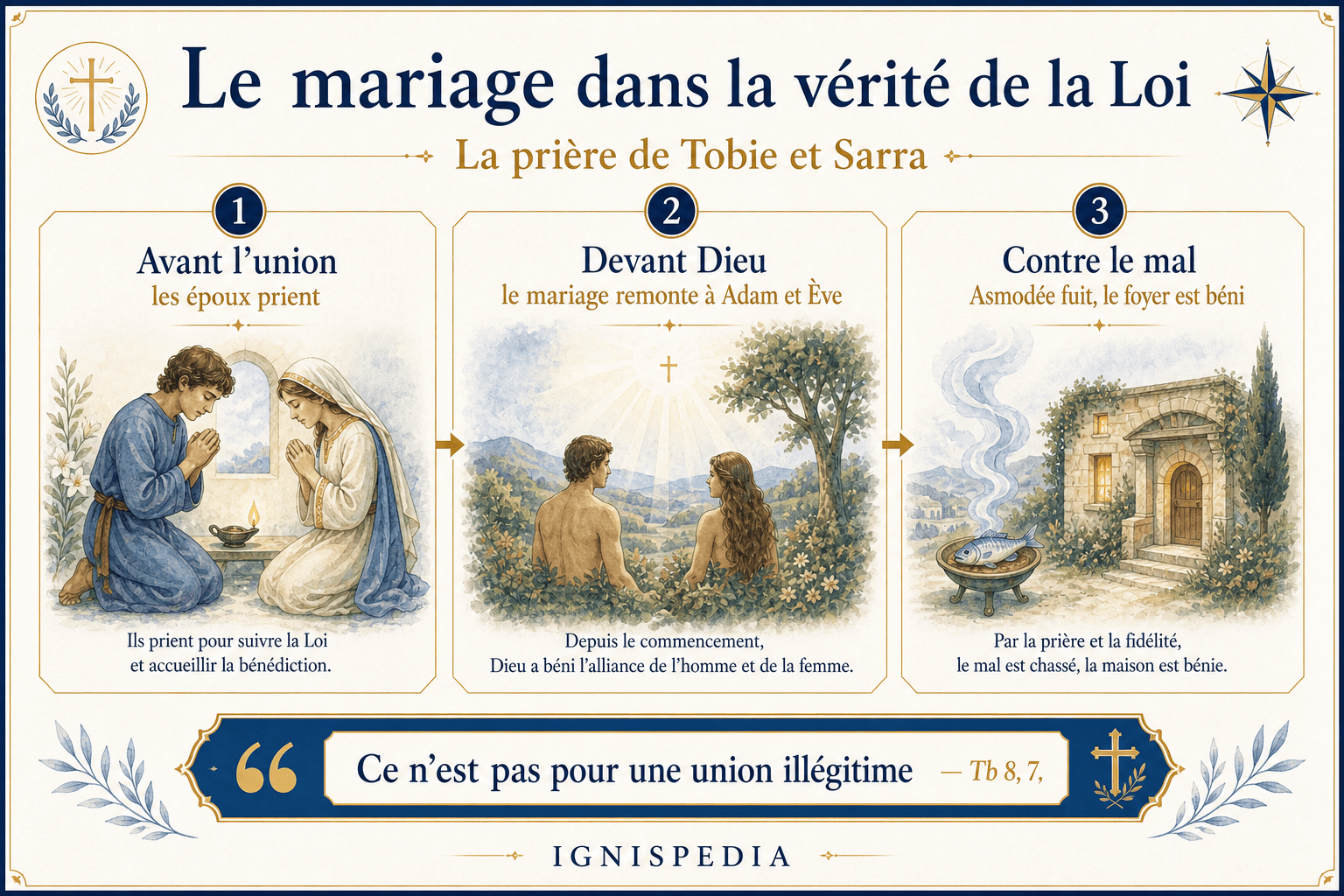 Infographie sur la prière de Tobie et Sarra avant leur union et sur le mariage dans la vérité de la Loi