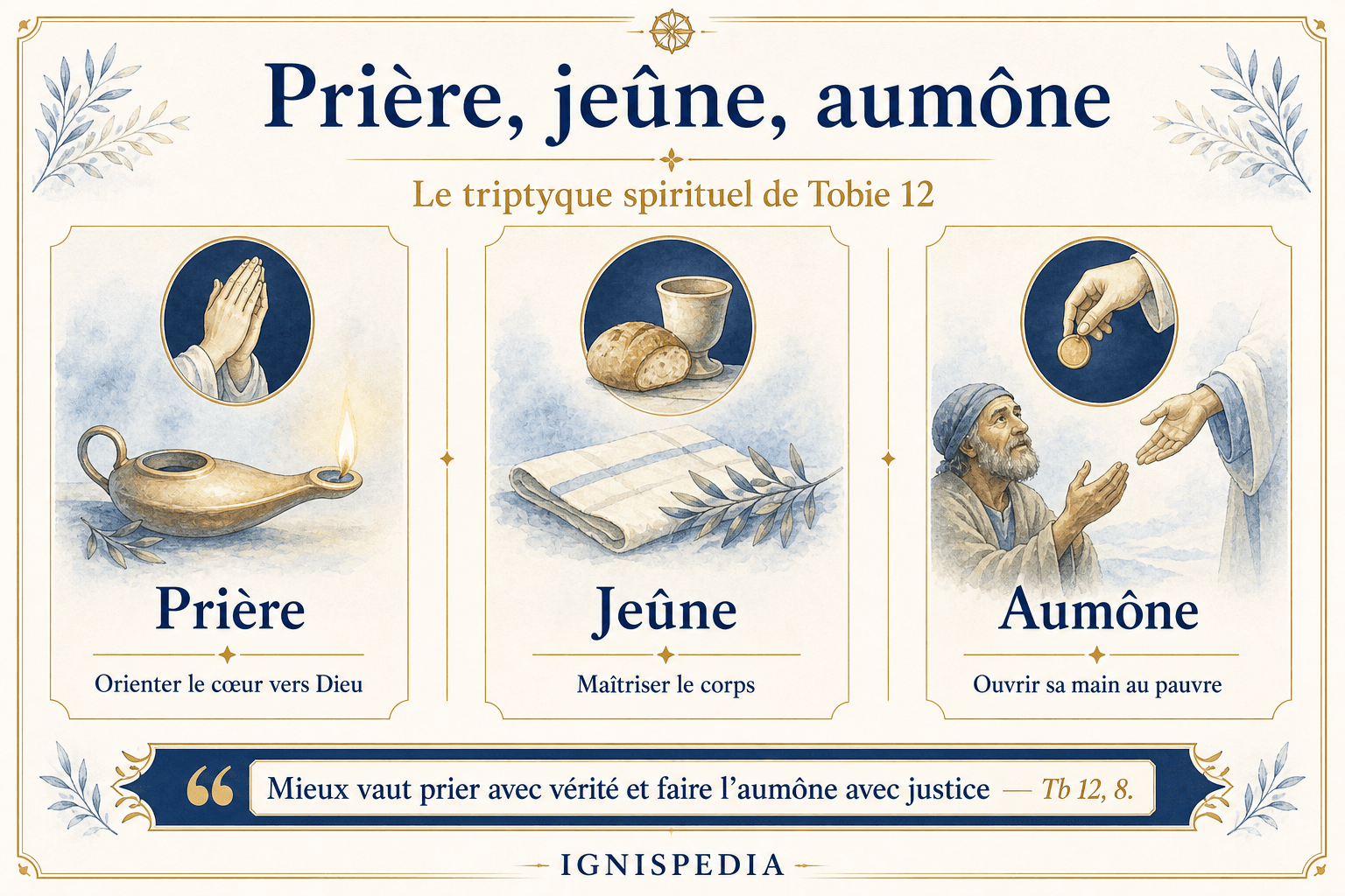 Infographie des trois œuvres enseignées par l'ange Raphaël dans le livre de Tobie : la prière, le jeûne et l'aumône