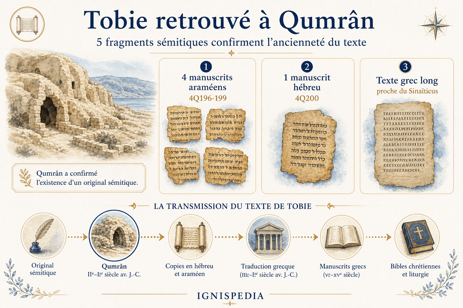 Infographie des témoins textuels du livre de Tobie à Qumrân : quatre manuscrits araméens, un manuscrit hébreu et le texte grec long