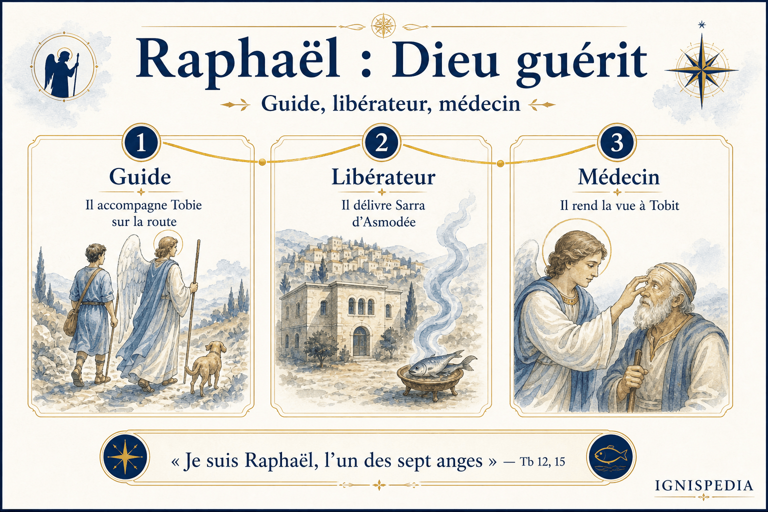 Infographie de la triple mission de saint Raphaël dans le livre de Tobie : guide, libérateur et médecin