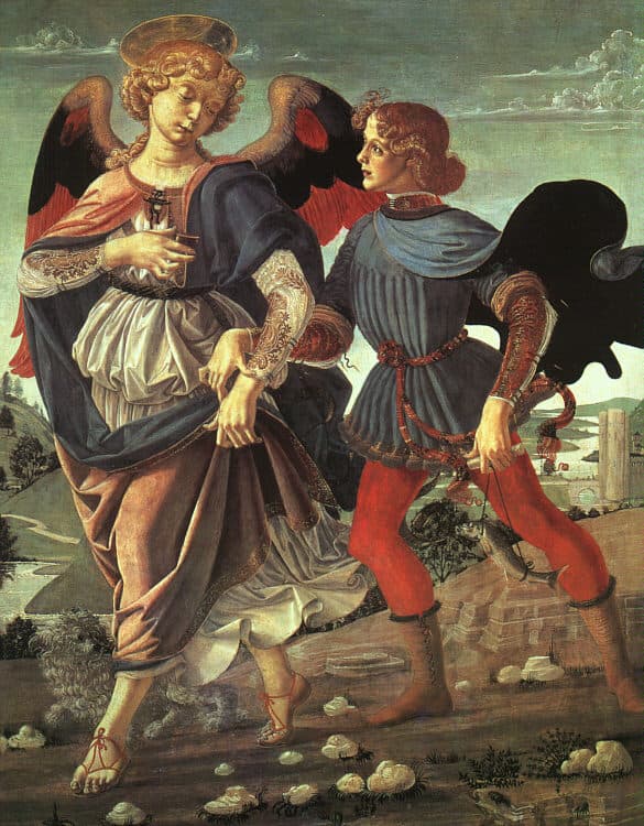 Tobit'i iyileştirecek balıkla Tobias ve melek. Verrocchio atölyesinin tablosu