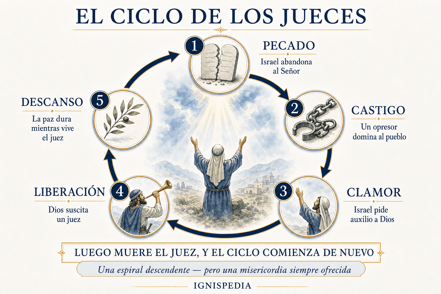 Ciclo de los Jueces en cinco tiempos: pecado, castigo, clamor, liberación y descanso
