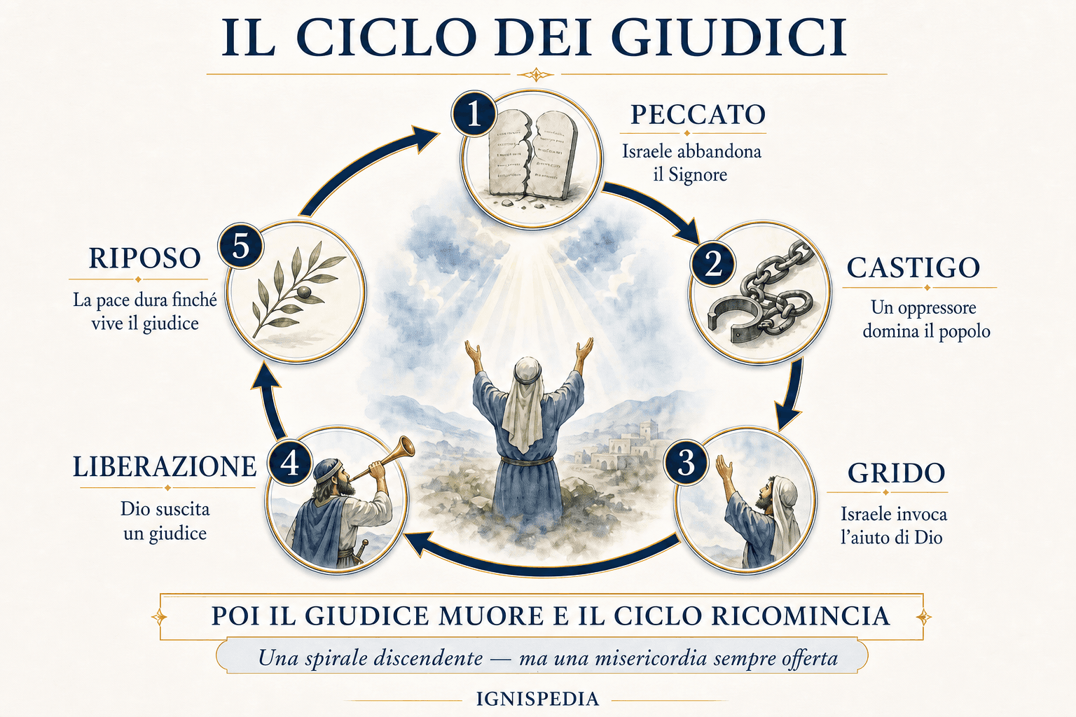 Ciclo dei Giudici in cinque tempi: peccato, punizione, grido, liberazione e riposo