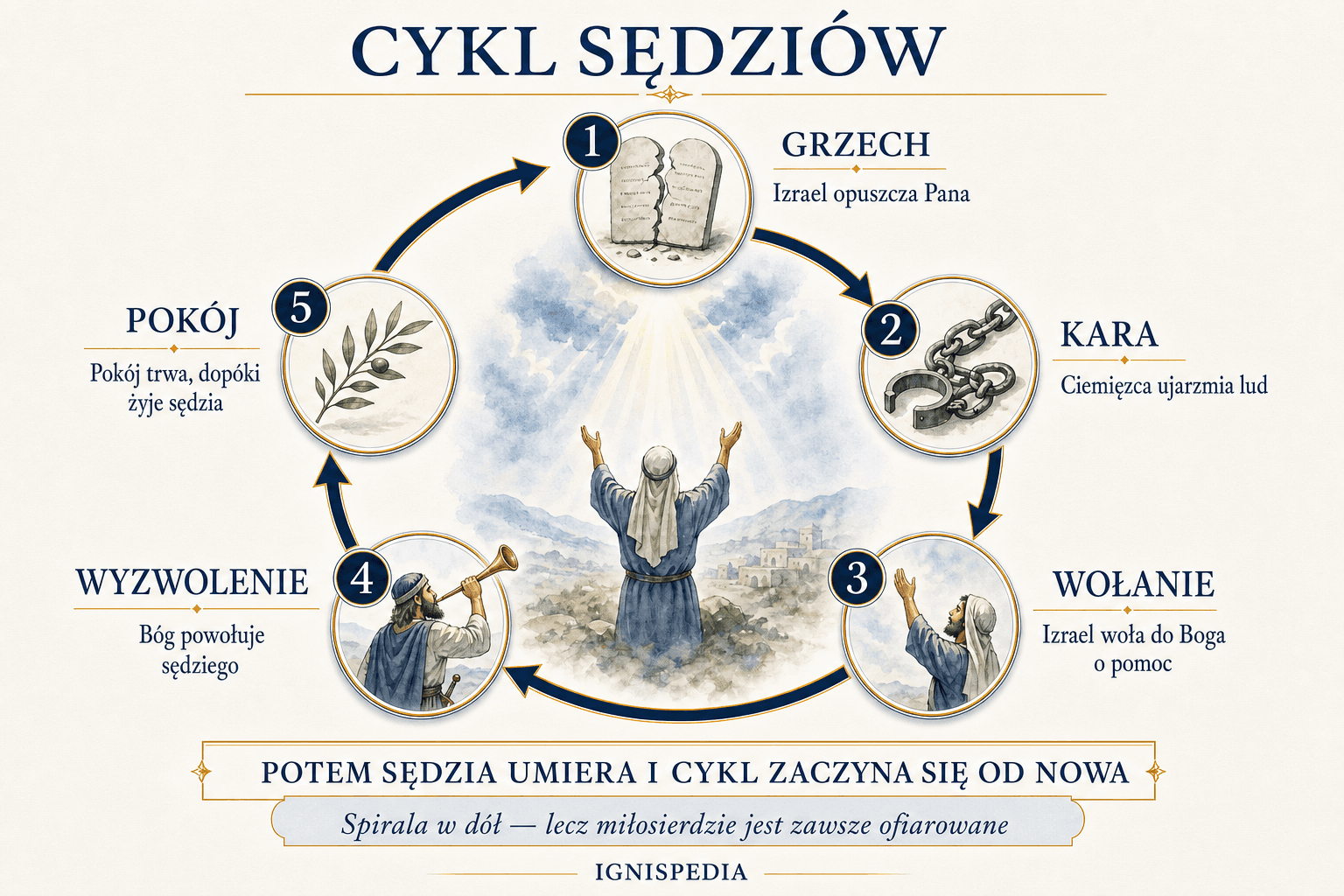 Cykl Sędziów w pięciu etapach: grzech, kara, wołanie, wybawienie i odpoczynek