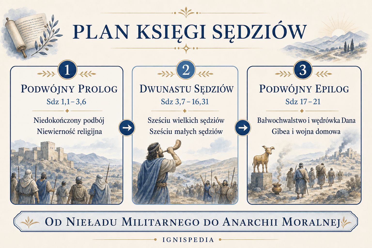 Plan Księgi Sędziów w trzech częściach: podwójny prolog, dwunastu sędziów i podwójny epilog