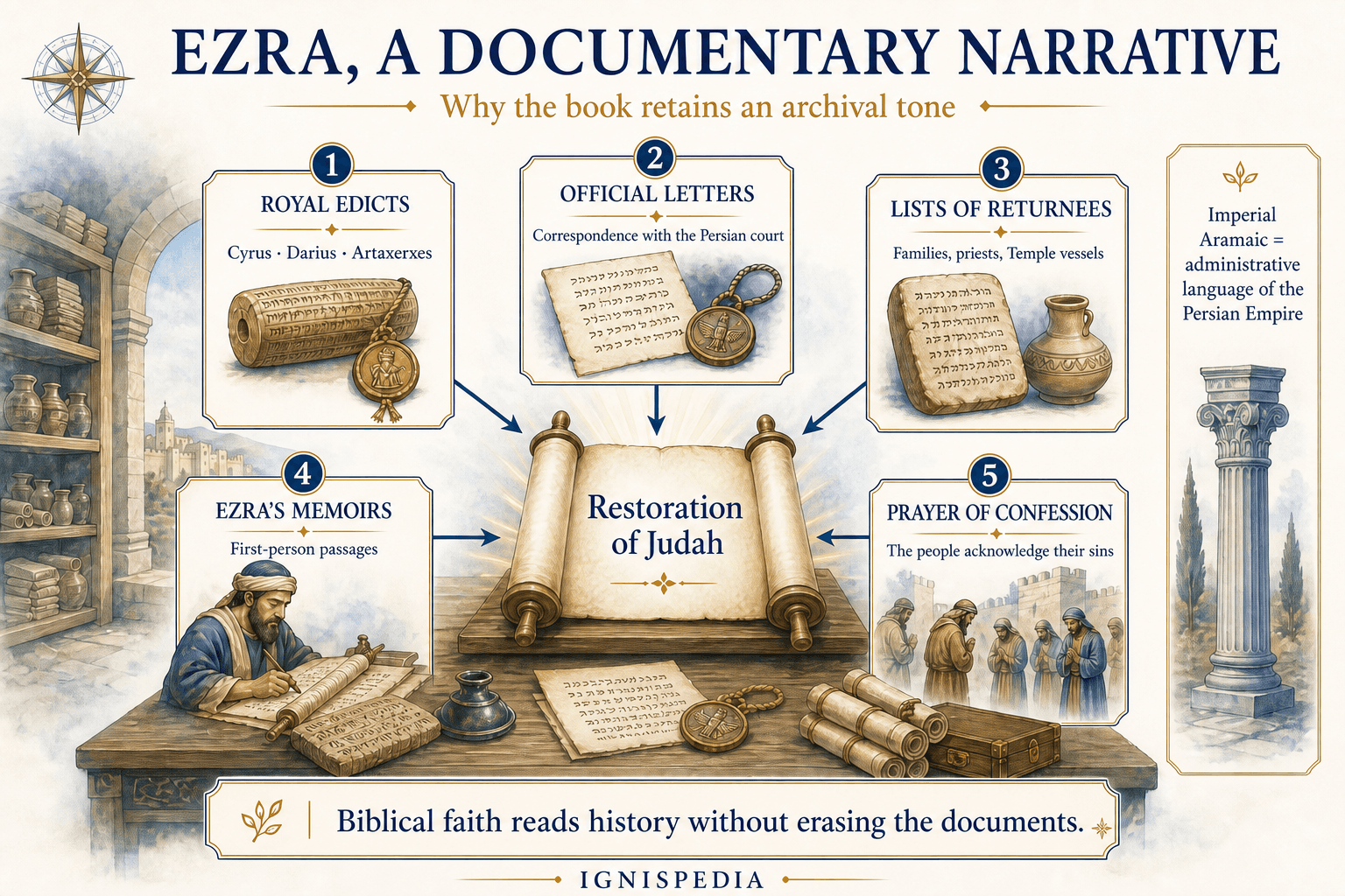 Infographic showing the edicts, letters, lists, memoirs, and prayer within Ezra’s documentary narrative