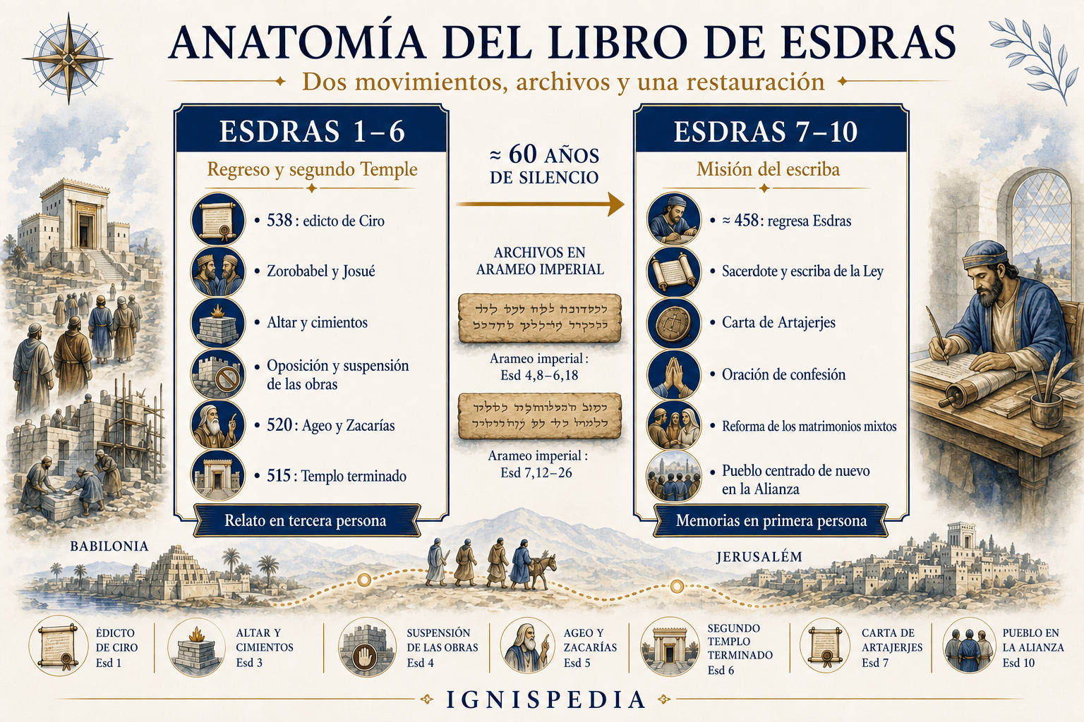 Infografía sobre la estructura del libro de Esdras en dos grandes partes y sus secciones arameas