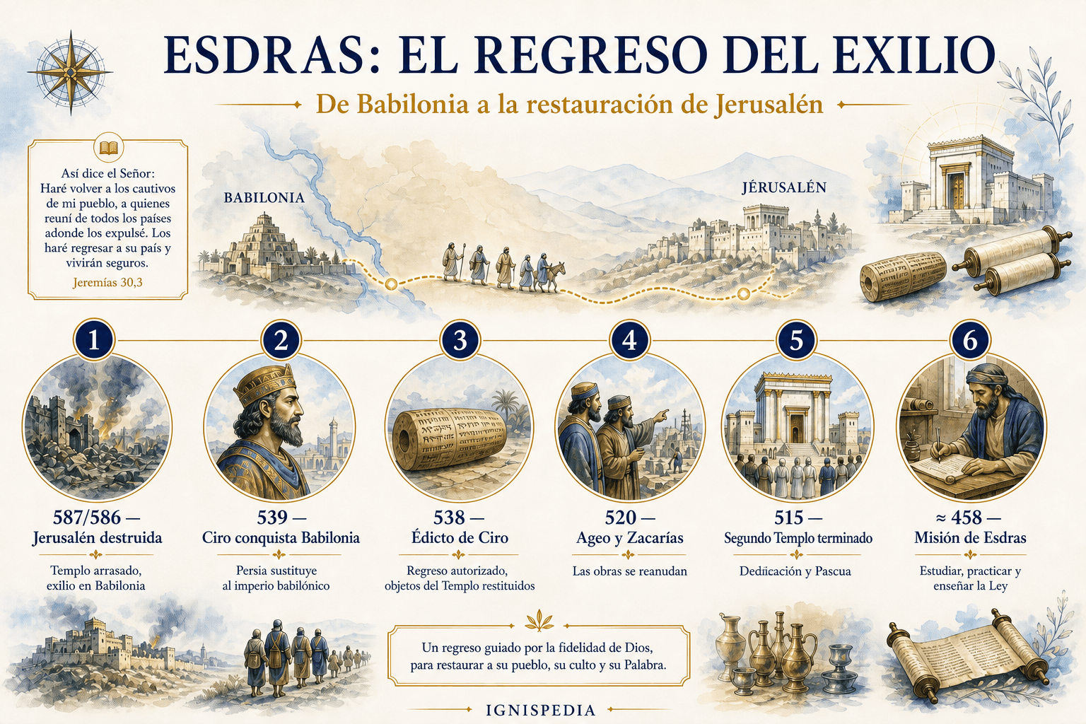 Infografía cronológica del libro de Esdras: desde la destrucción de Jerusalén hasta la misión de Esdras