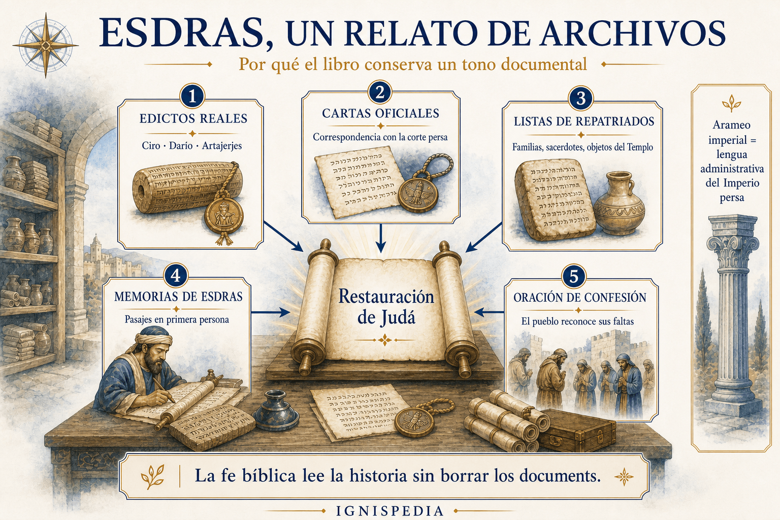 Infografía mostrando los edictos, cartas, listas, memorias y oraciones que componen el relato documental de Esdras
