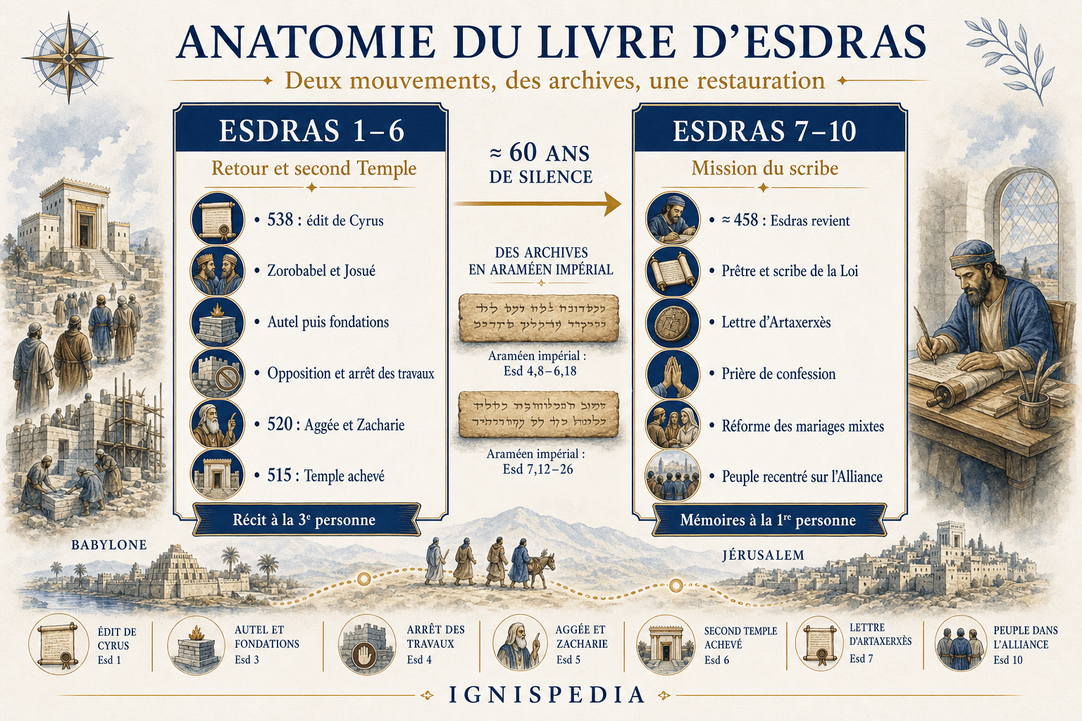 Infographie sur la structure du livre d'Esdras en deux grandes parties et ses sections araméennes