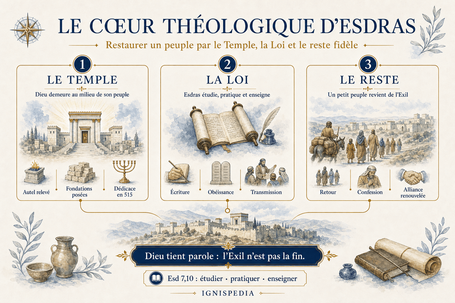 Infographie sur les trois thèmes théologiques du livre d'Esdras : Temple, Loi et reste fidèle