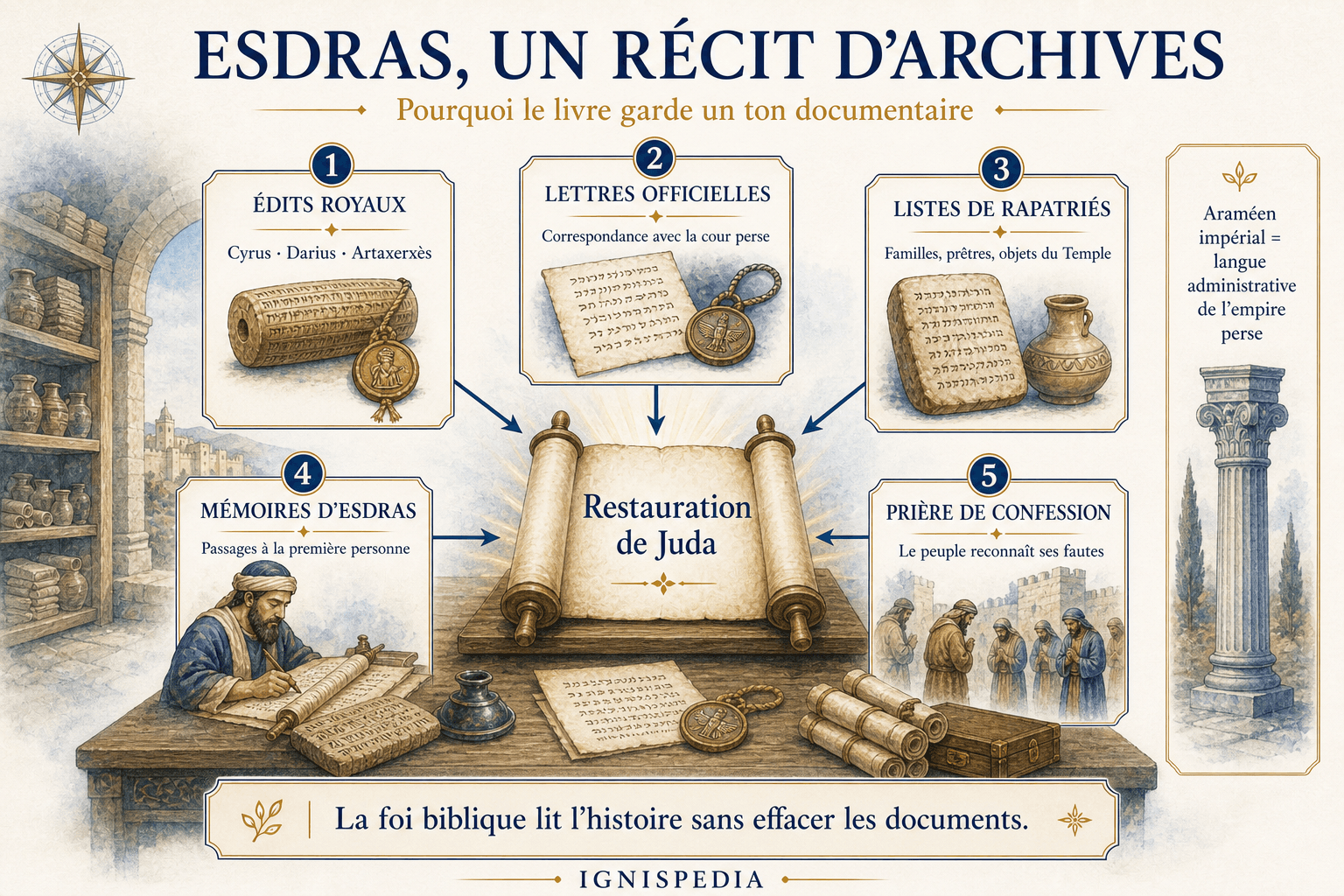 Infographie montrant les édits, lettres, listes, mémoires et prières qui composent le récit documentaire d'Esdras