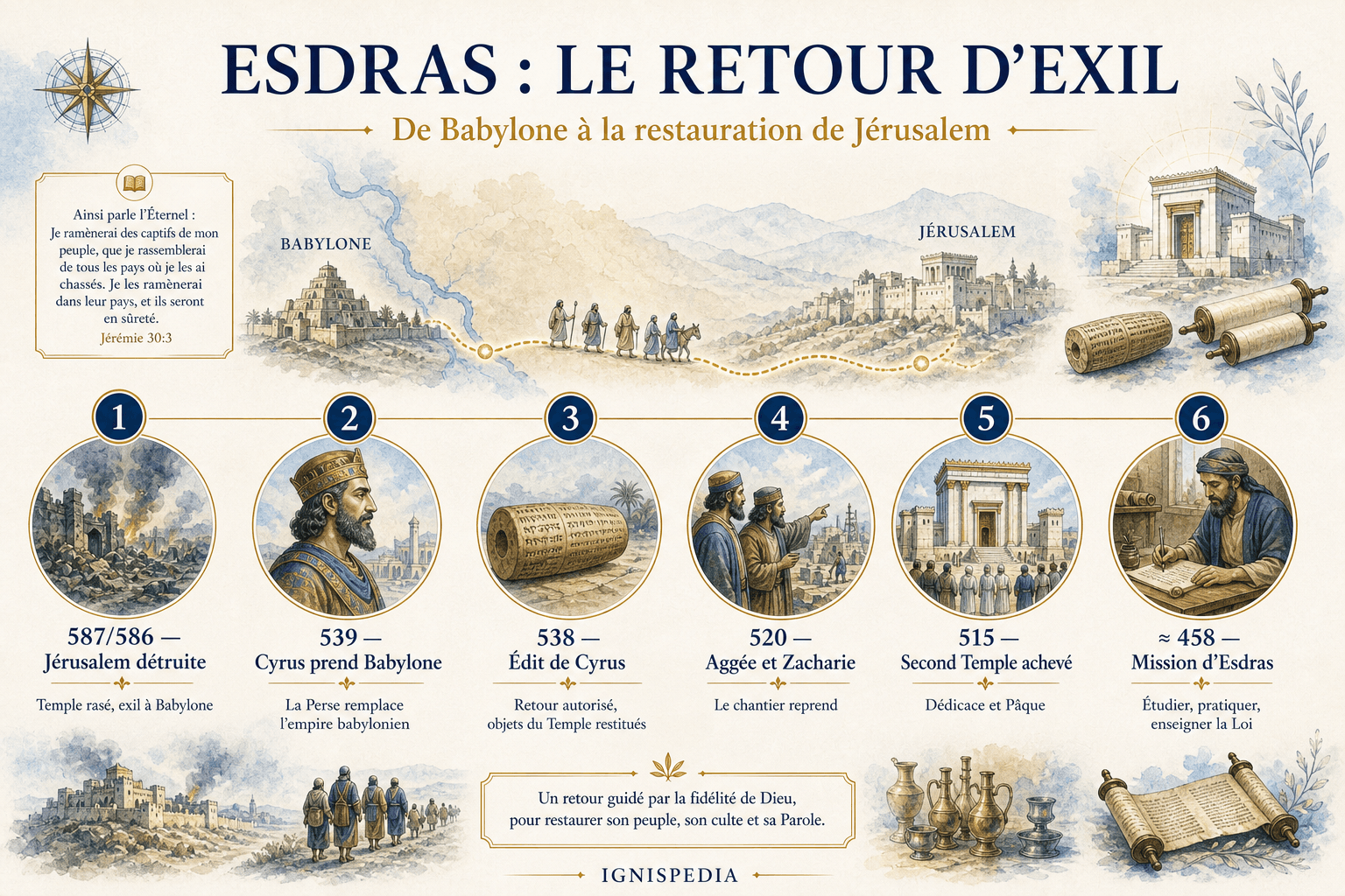 Infographie chronologique du livre d'Esdras : de la destruction de Jérusalem à la mission d'Esdras