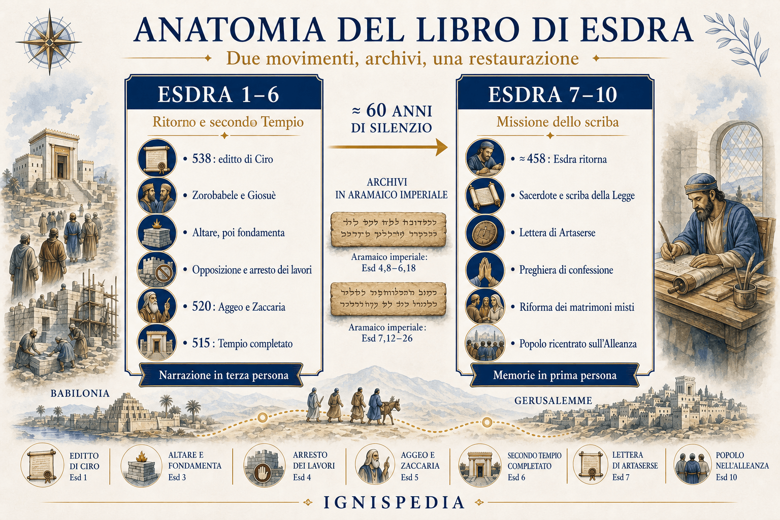 Infografica sulla struttura del libro di Esdra in due grandi parti e sulle sue sezioni aramaiche