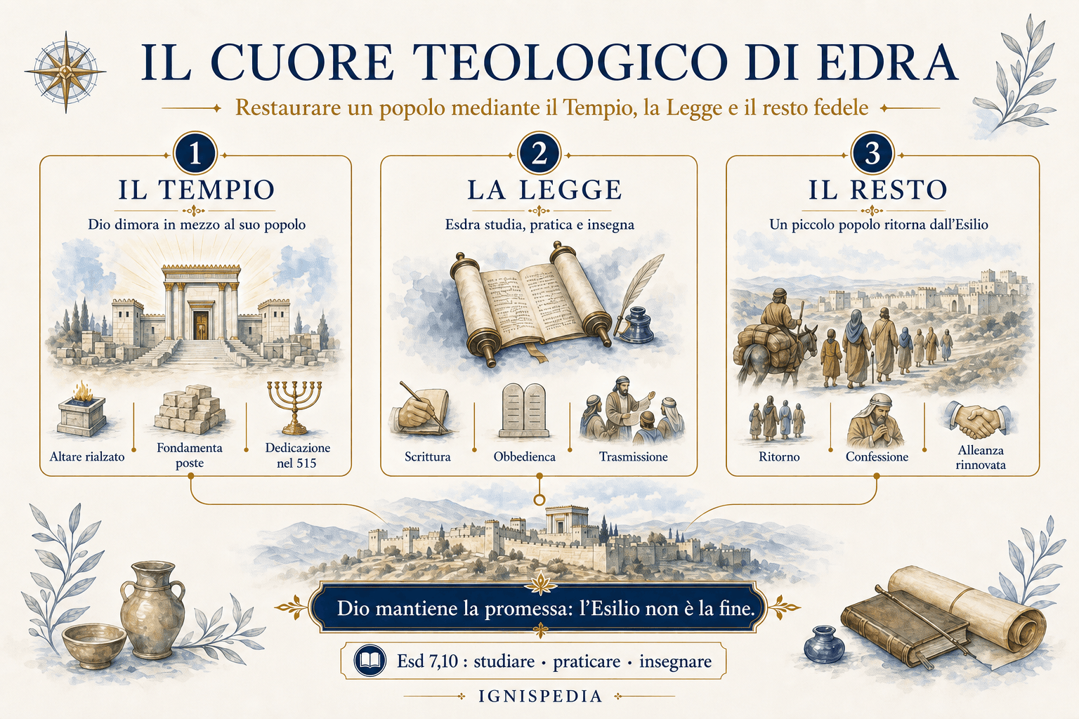 Infografica sui tre temi teologici del libro di Esdra: Tempio, Legge e resto fedele