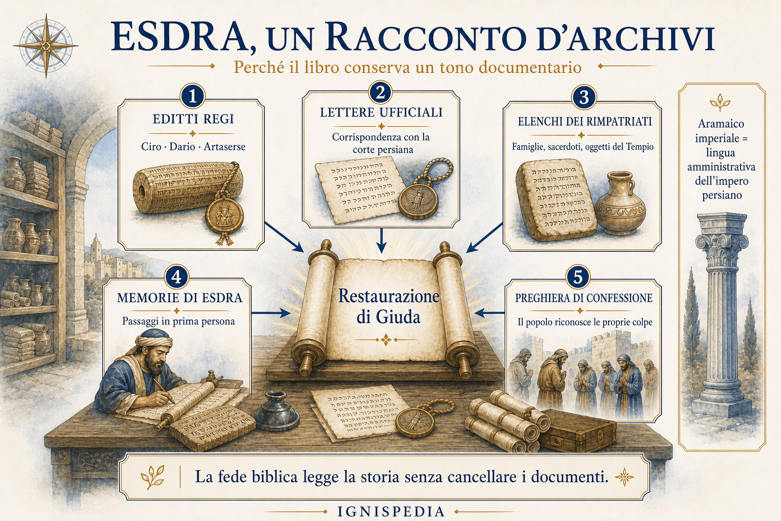 Infografica sugli editti, le lettere, gli elenchi, le memorie e le preghiere che compongono il racconto documentario di Esdra