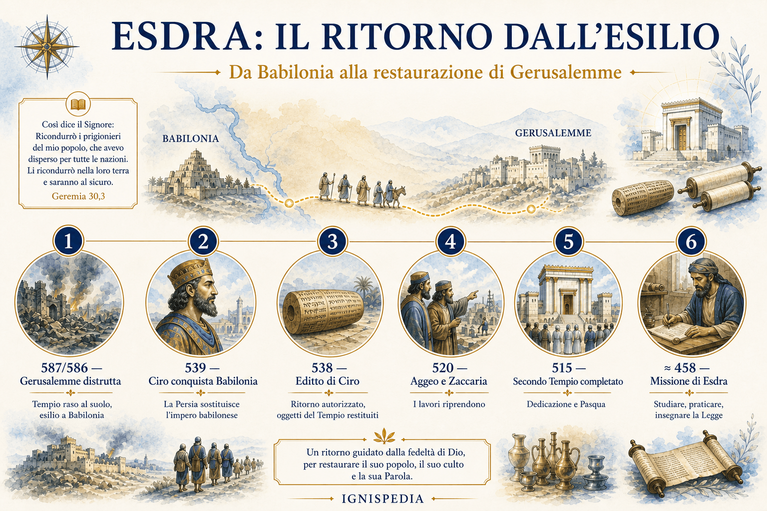 Infografica cronologica del libro di Esdra, dalla distruzione di Gerusalemme alla missione di Esdra