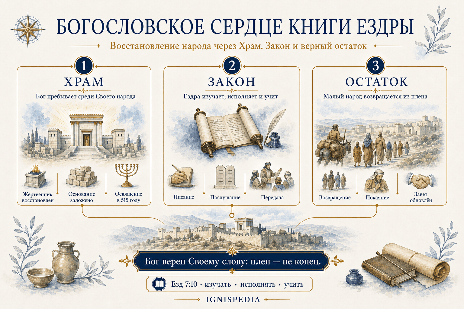 Инфографика о трёх богословских темах книги Ездры: Храм, Закон и верный остаток