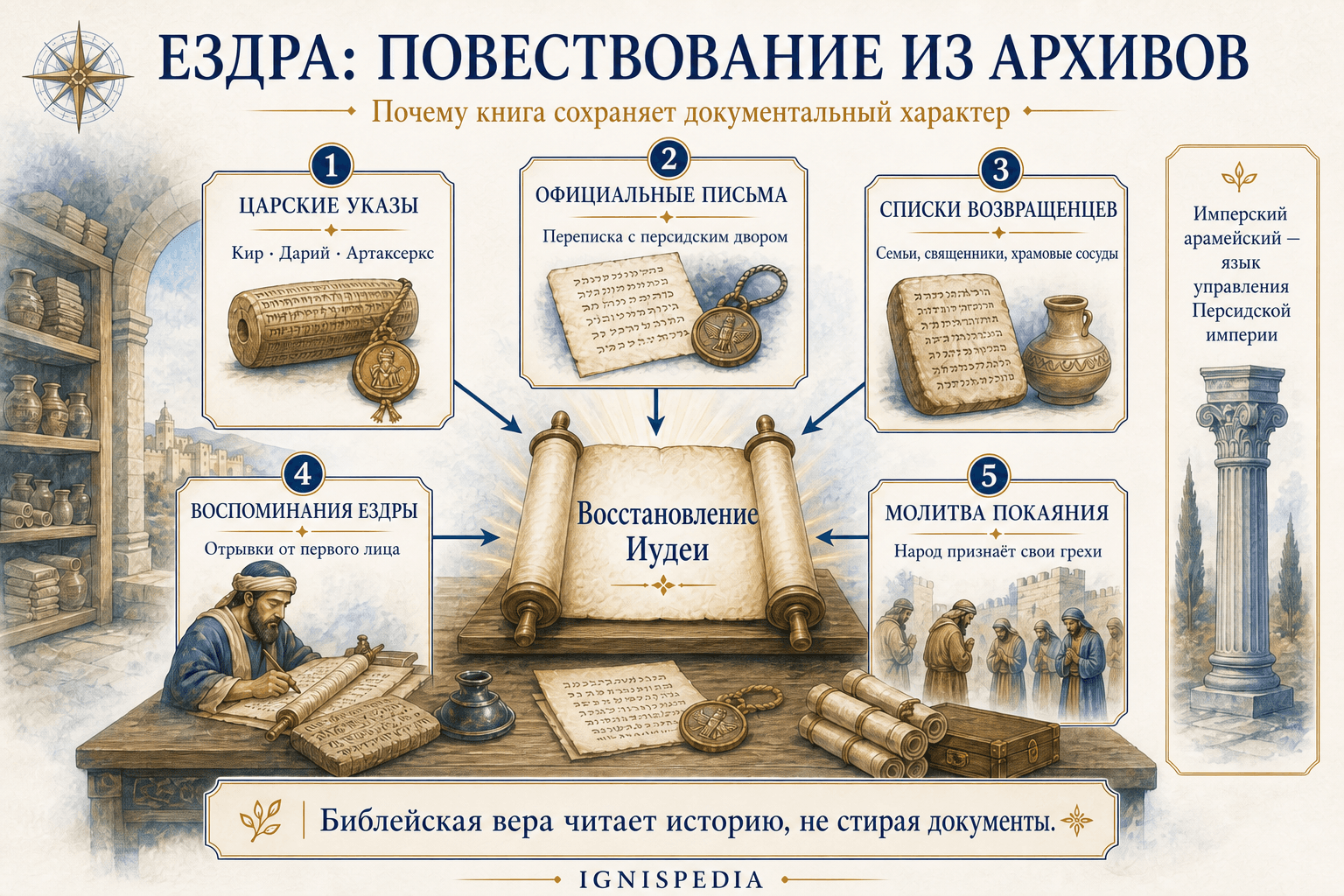 Инфографика, показывающая указы, письма, списки, мемуары и молитвы, составляющие документальное повествование Ездры