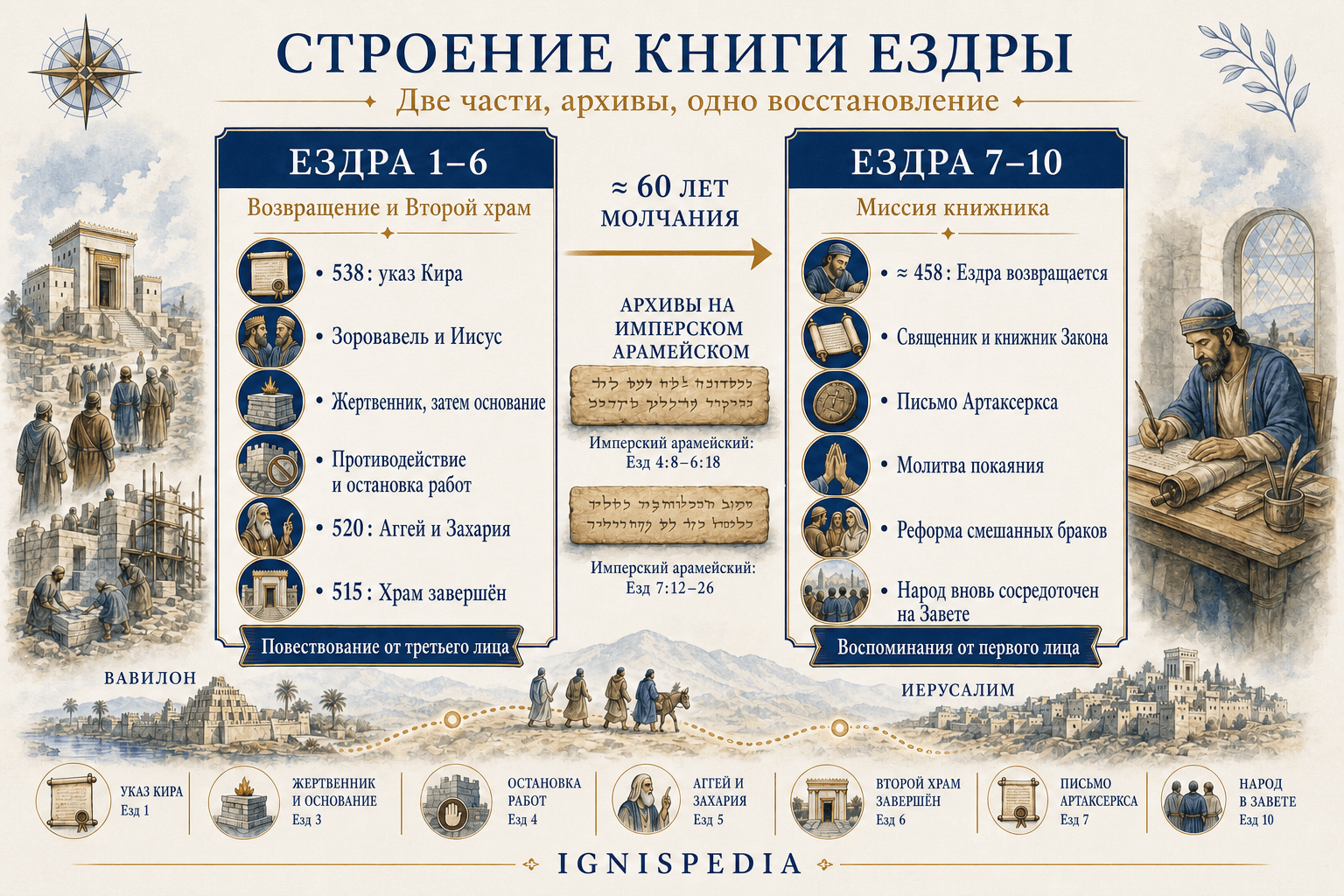 Инфографика о структуре книги Ездры: две большие части и арамейские разделы
