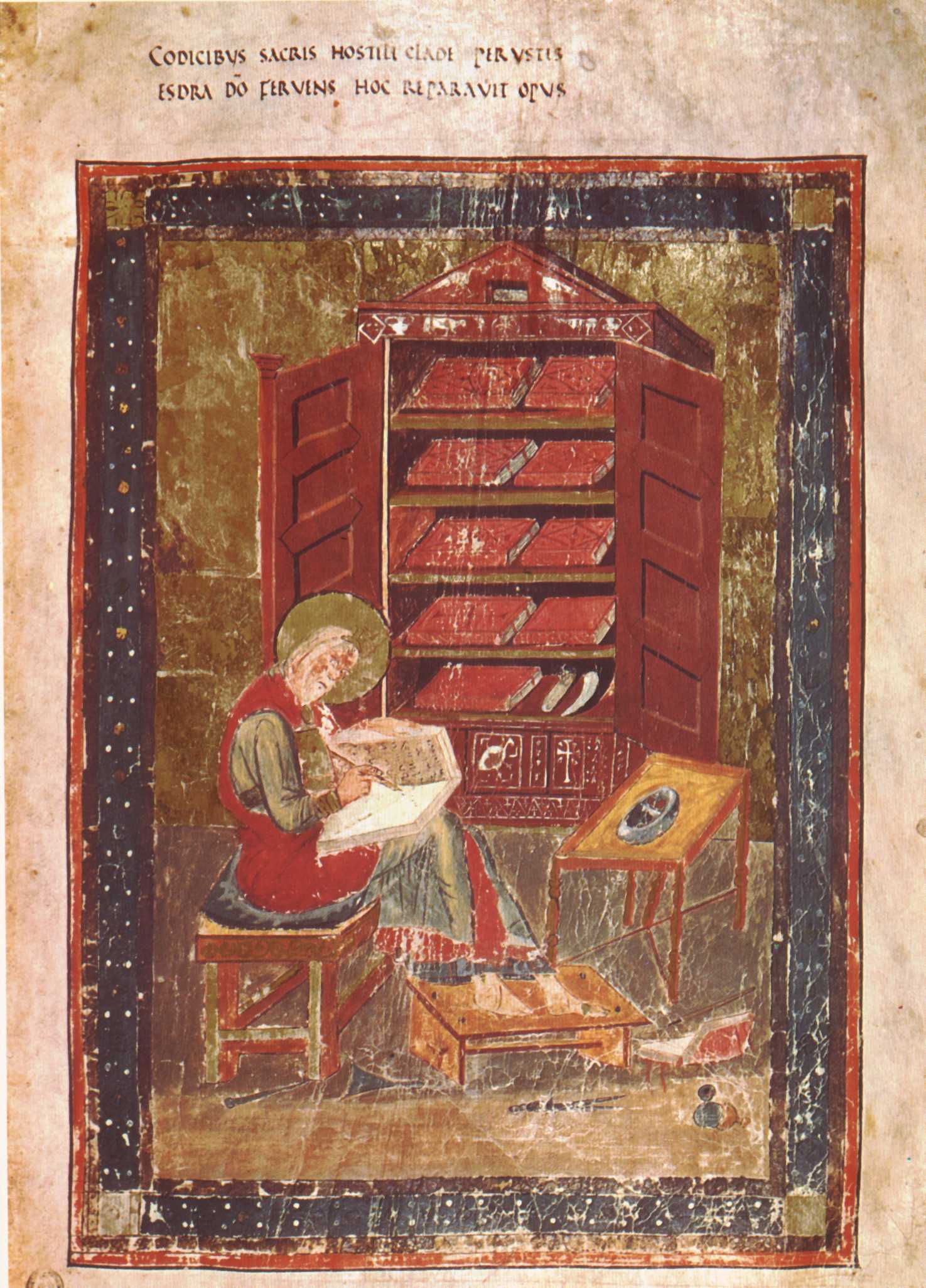 Esra der Schriftgelehrte beim Abschreiben der Heiligen Bücher, Miniatur des Codex Amiatinus, 8. Jh.